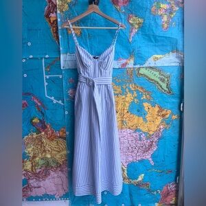 Aakaa Blue & White Belted Striped Spaghetti Strap Dress